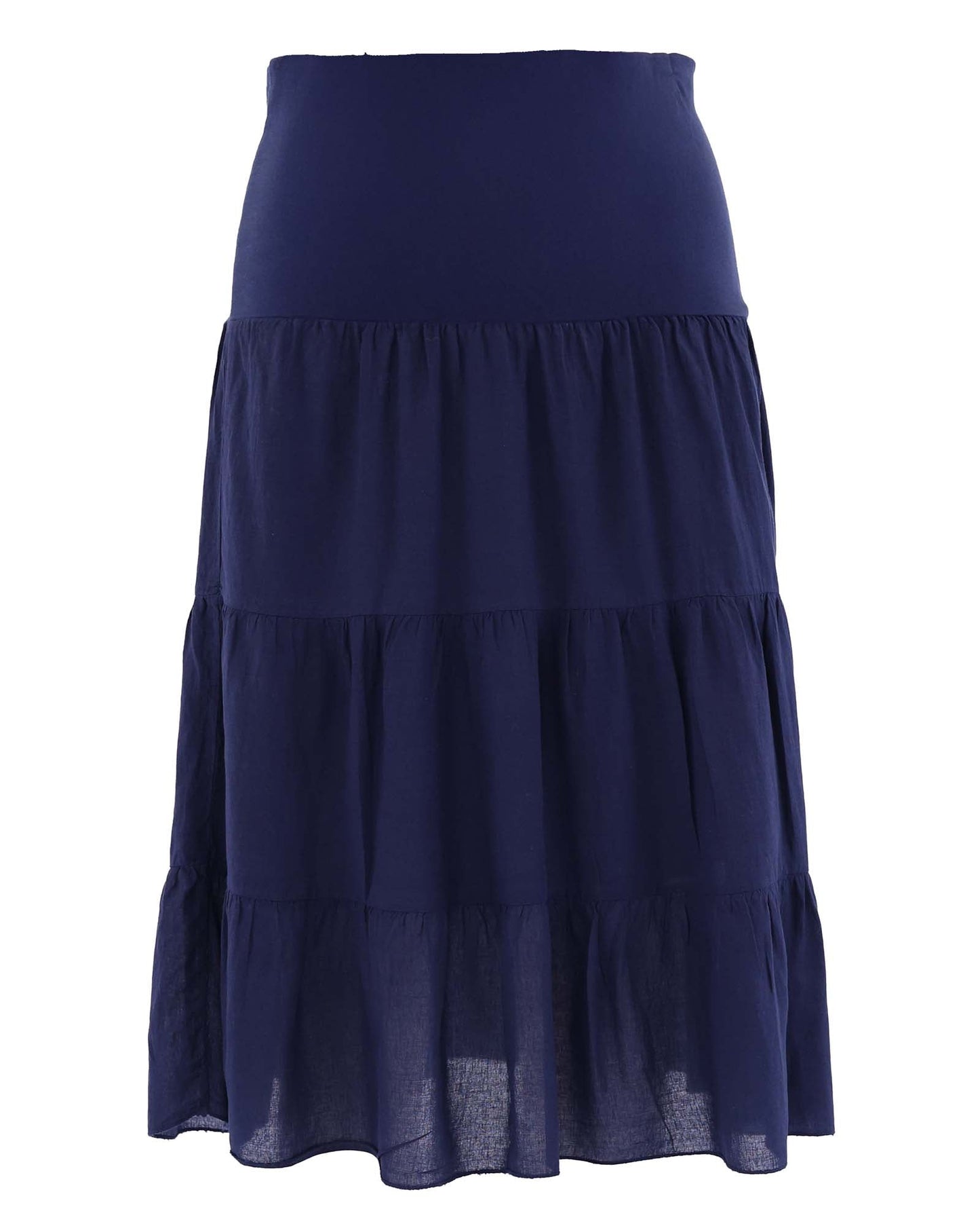 Women's tiered Cotton gathered skirt with elastic stretchy waistband, in navy blue, made in Italy