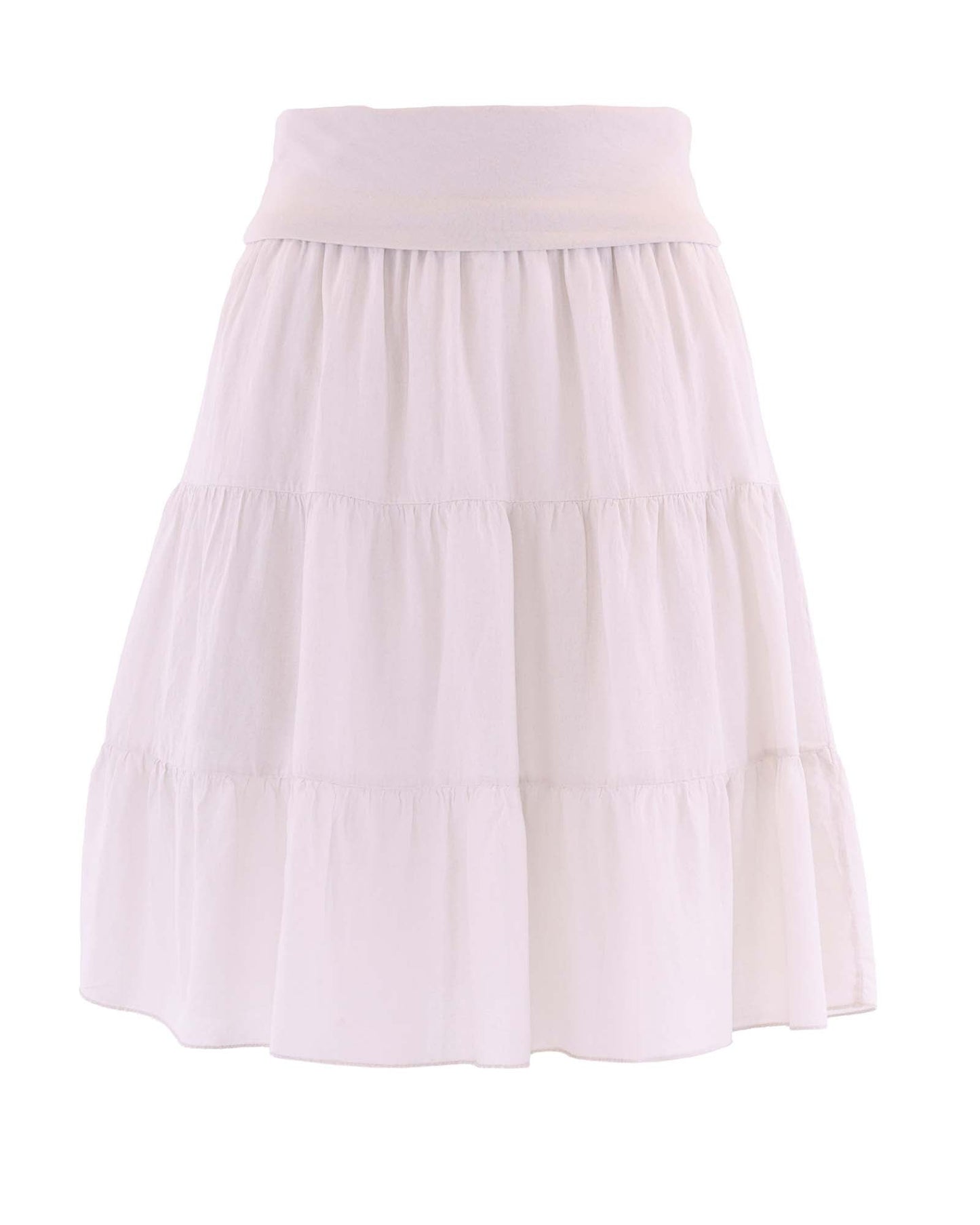 Women's tiered Cotton gathered skirt with elastic stretchy waistband, in cream, made in Italy