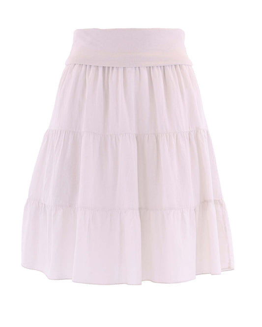 Women's tiered Cotton gathered skirt with elastic stretchy waistband, in cream, made in Italy