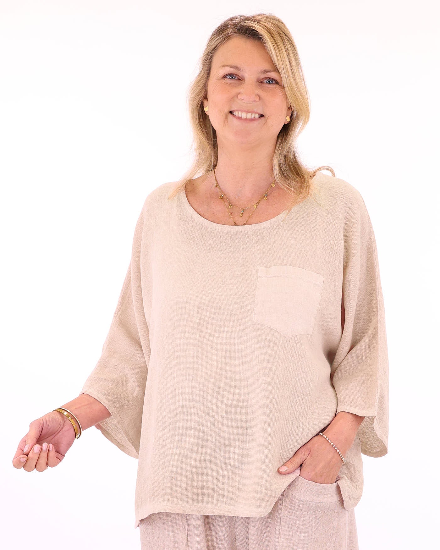 Linen and Cotton Blend Pocket Top