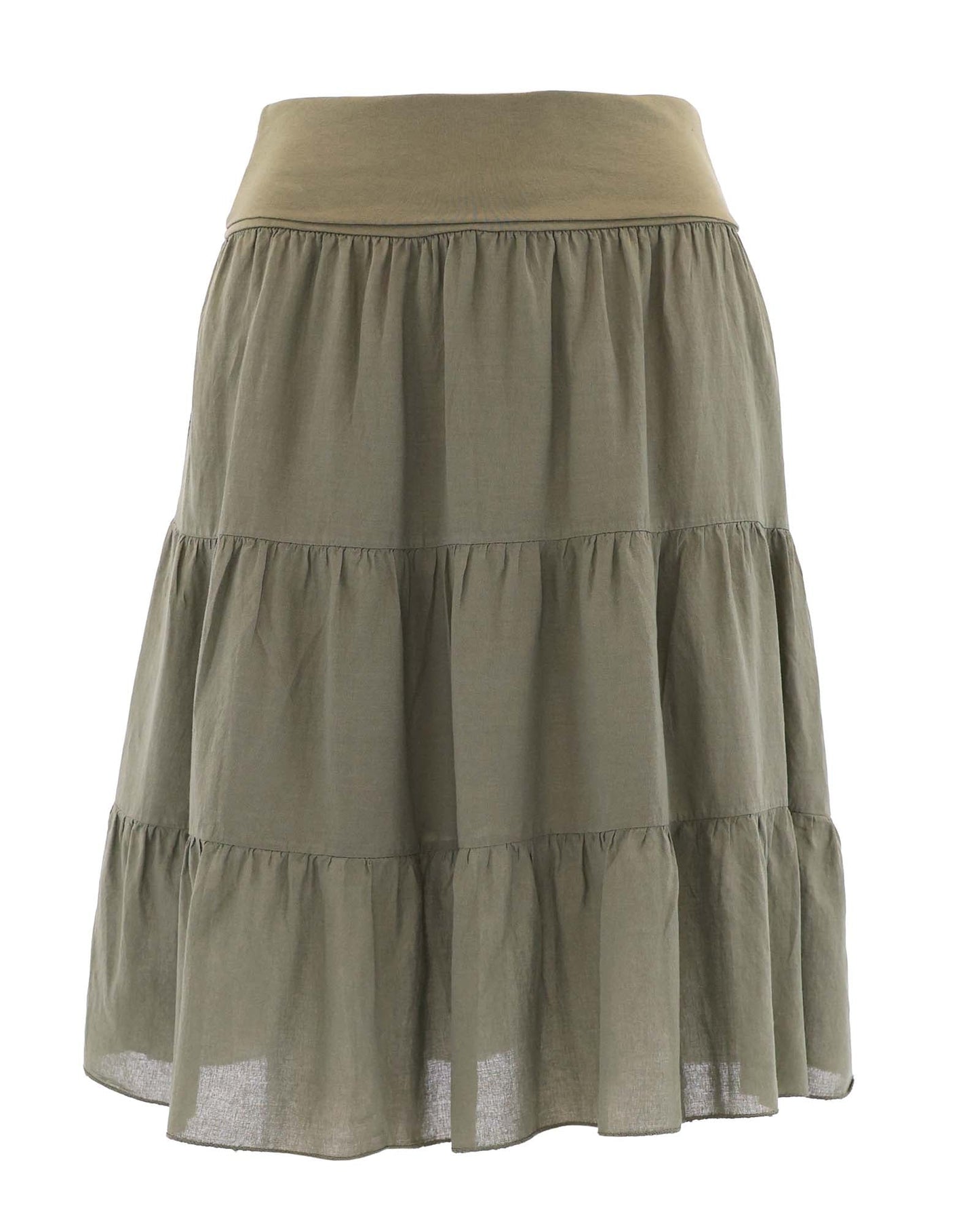 Women's tiered Cotton gathered skirt with elastic stretchy waistband, in olive, made in Italy