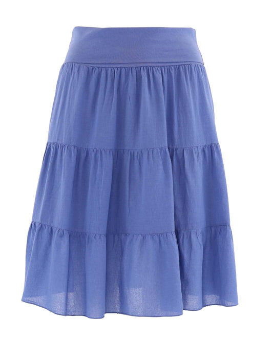 Women's tiered Cotton gathered skirt with elastic stretchy waistband, in blue, made in Italy