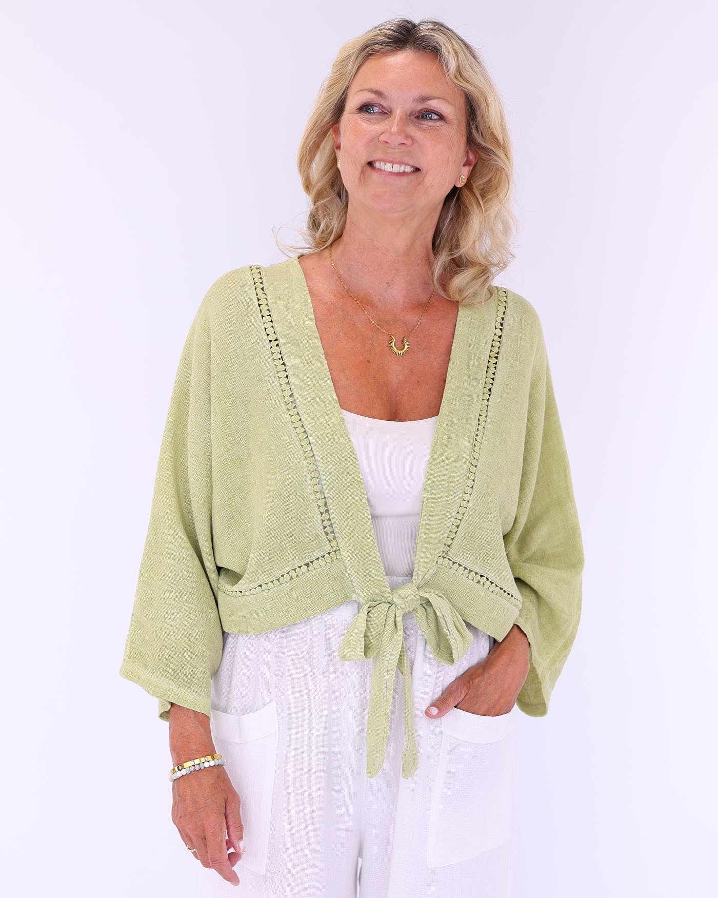 Linen and Cotton Blend Tie Front Jacket