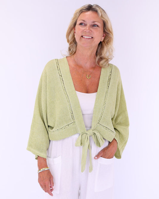 Linen and Cotton Blend Tie Front Jacket