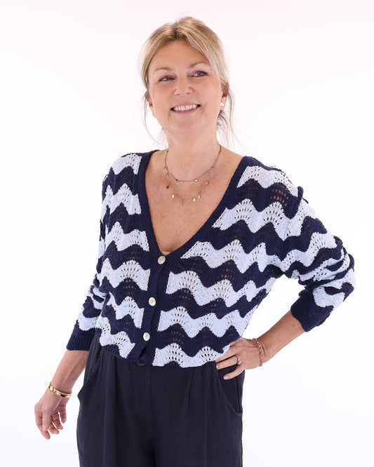 Women's Pointelle knitted Italian cardigan in navy and blue with long sleeves, V neck and mother of pearl buttons, made in Italy