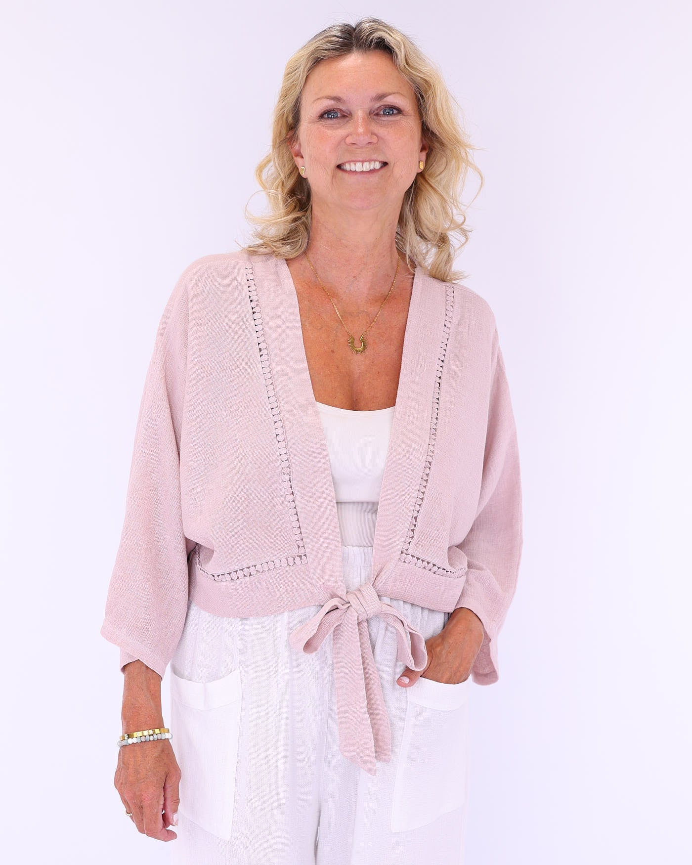 Linen and Cotton Blend Tie Front Jacket