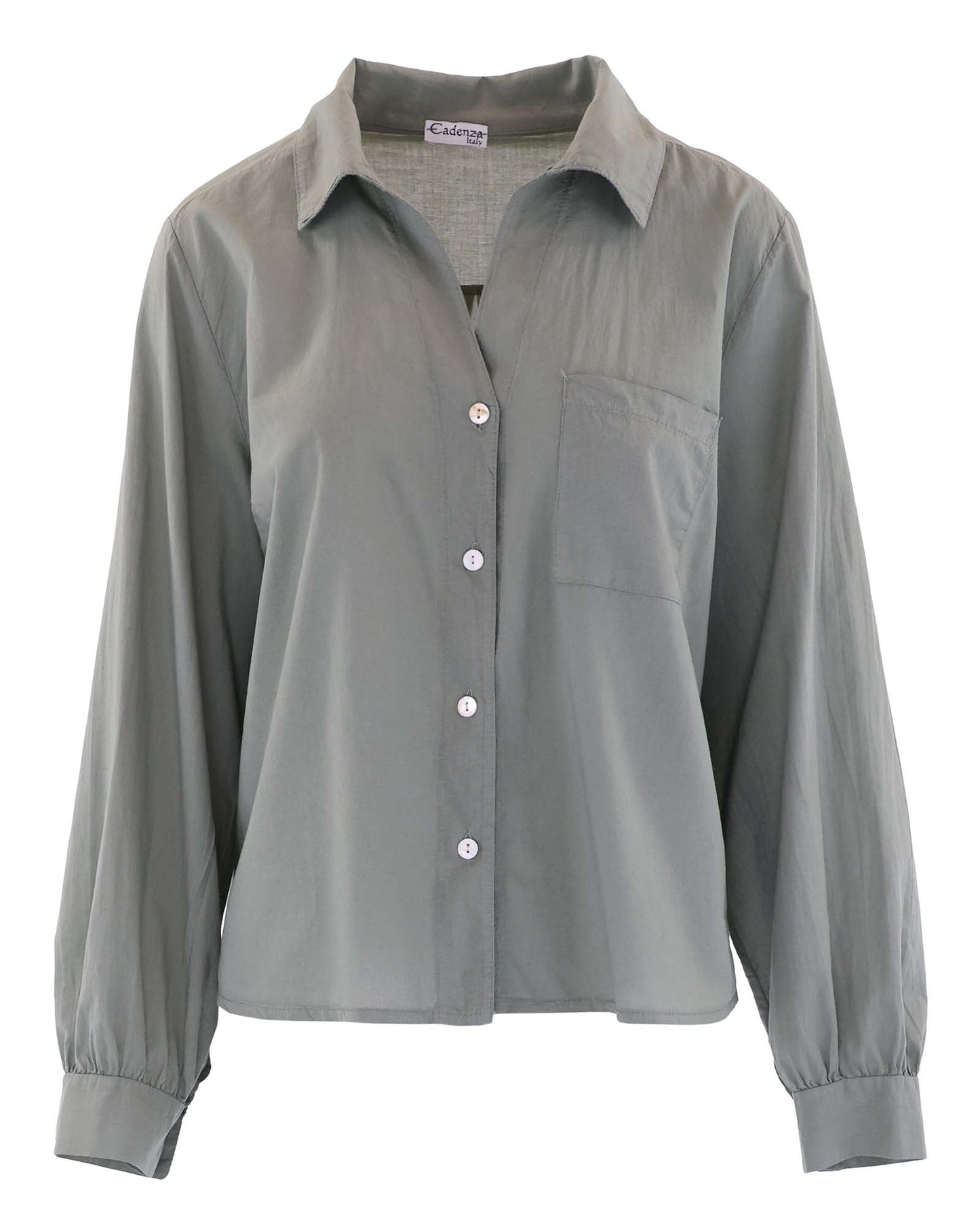 Women's Italian cotton shirt in green with long sleeves and button cuff, open collar and mother of pearl buttons down the front, made in Italy