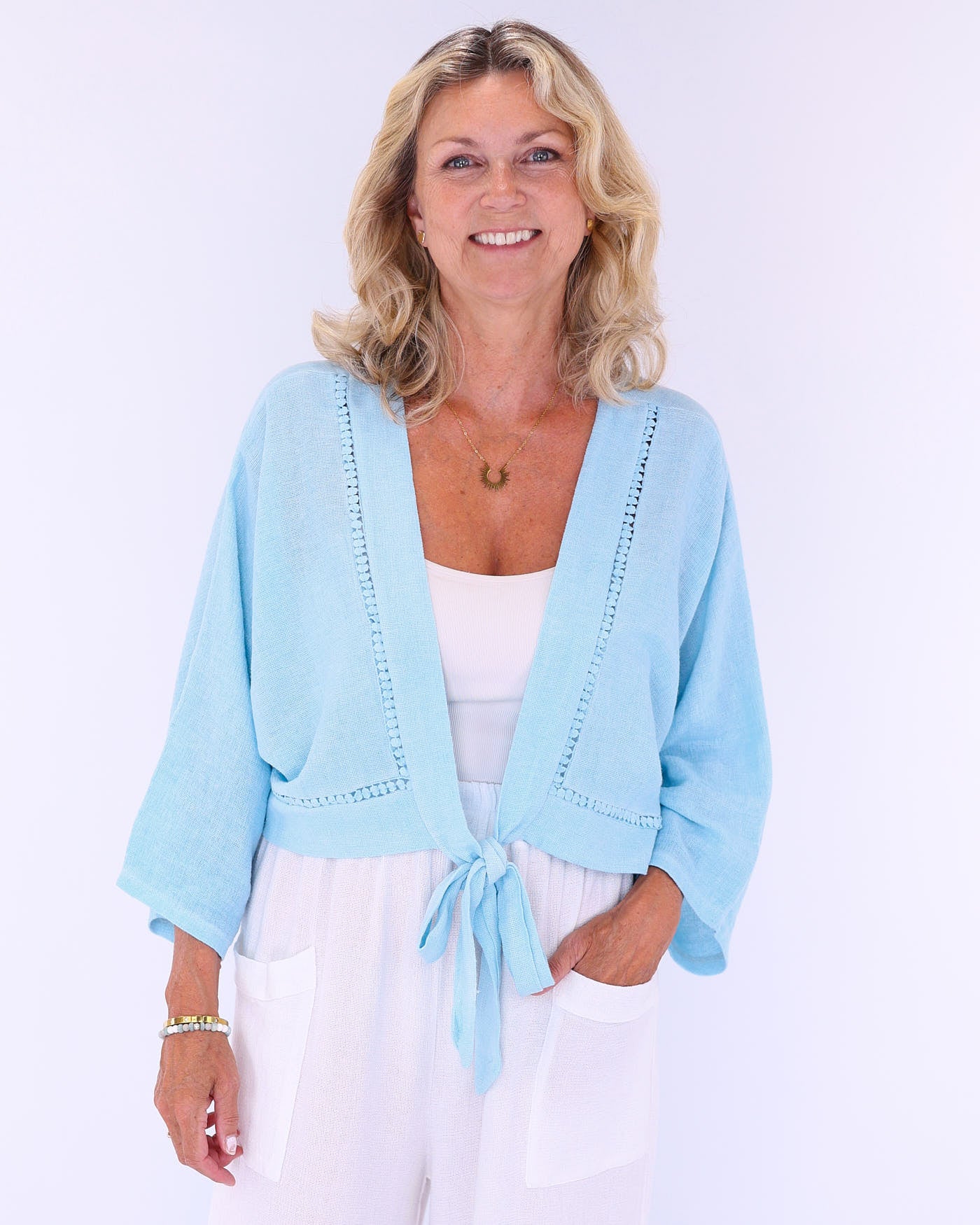 Linen and Cotton Blend Tie Front Jacket