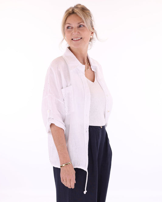 Women's button up shirt in white, with classic collar, drawstring hem, front chest pockets, made in a combination of pure linen and broderie anglais cotton,  made in Italy