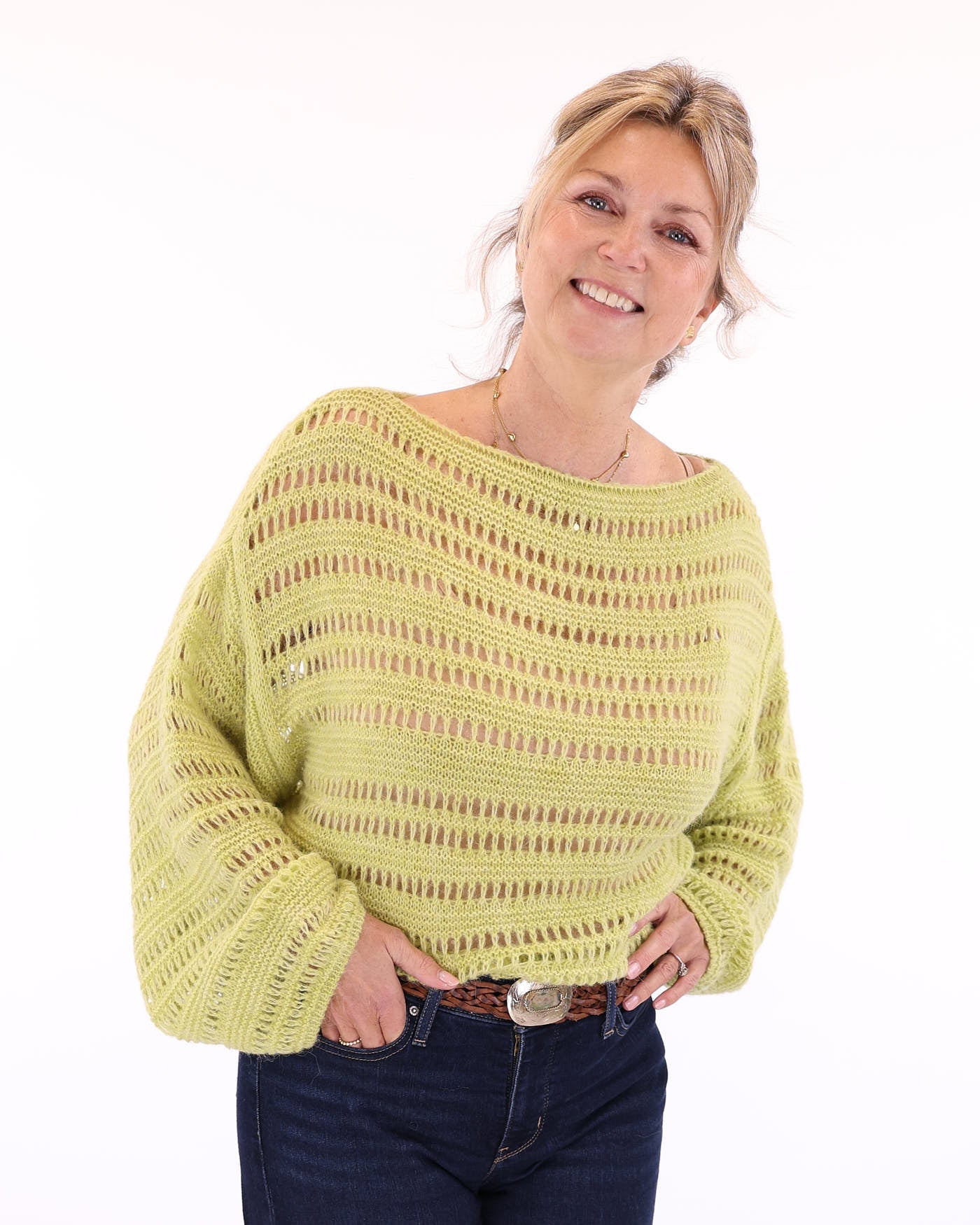 Women's alpaca blend bright green crochet style long sleeve jumper on a white background, made in Italy