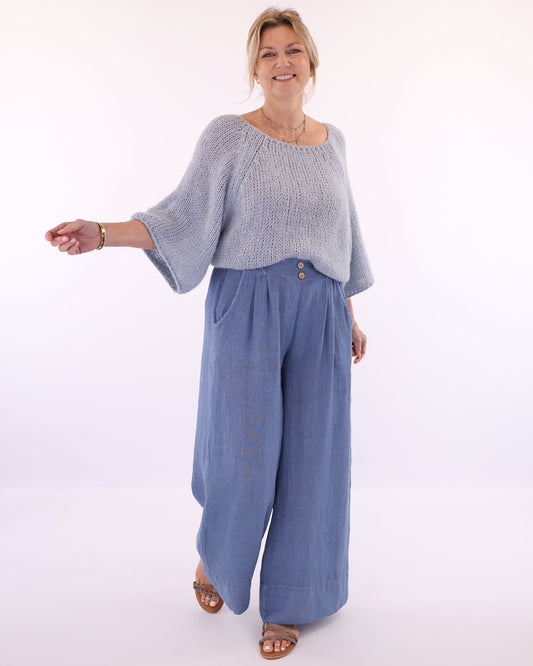 Linen Wide Leg Trousers with Hem Detail
