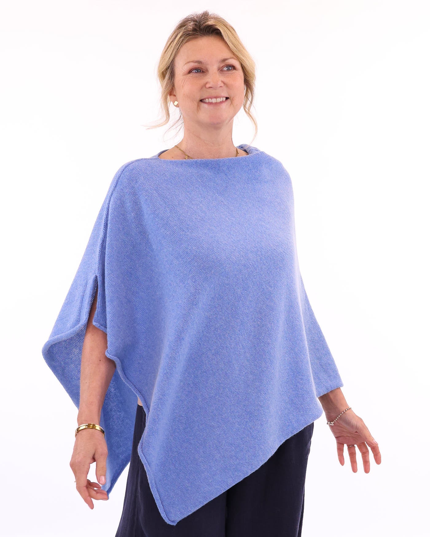Women's cashmere blend poncho in cornflower blue, made in Italy