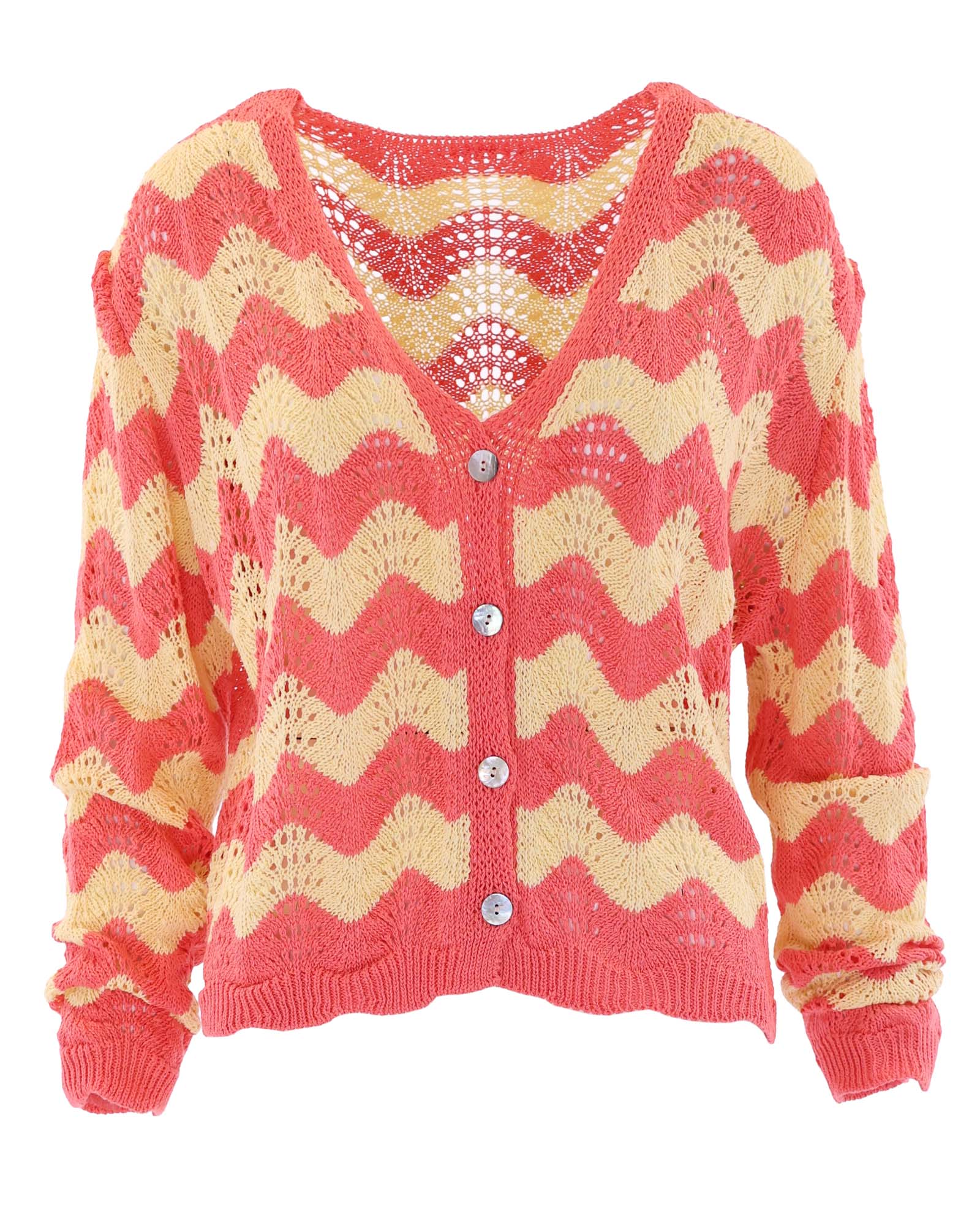 Women's Pointelle knitted Italian cardigan in peach and yellow with long sleeves, V neck and mother of pearl buttons, made in Italy