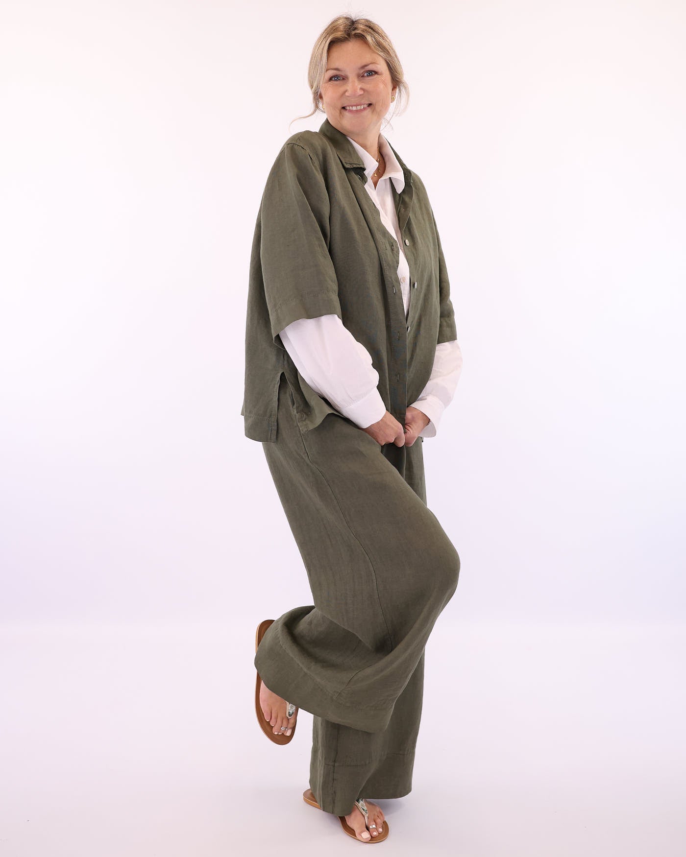 Women's Wide Leg Italian Linen Trousers in Olive Green with buttons at the waist and two front pockets