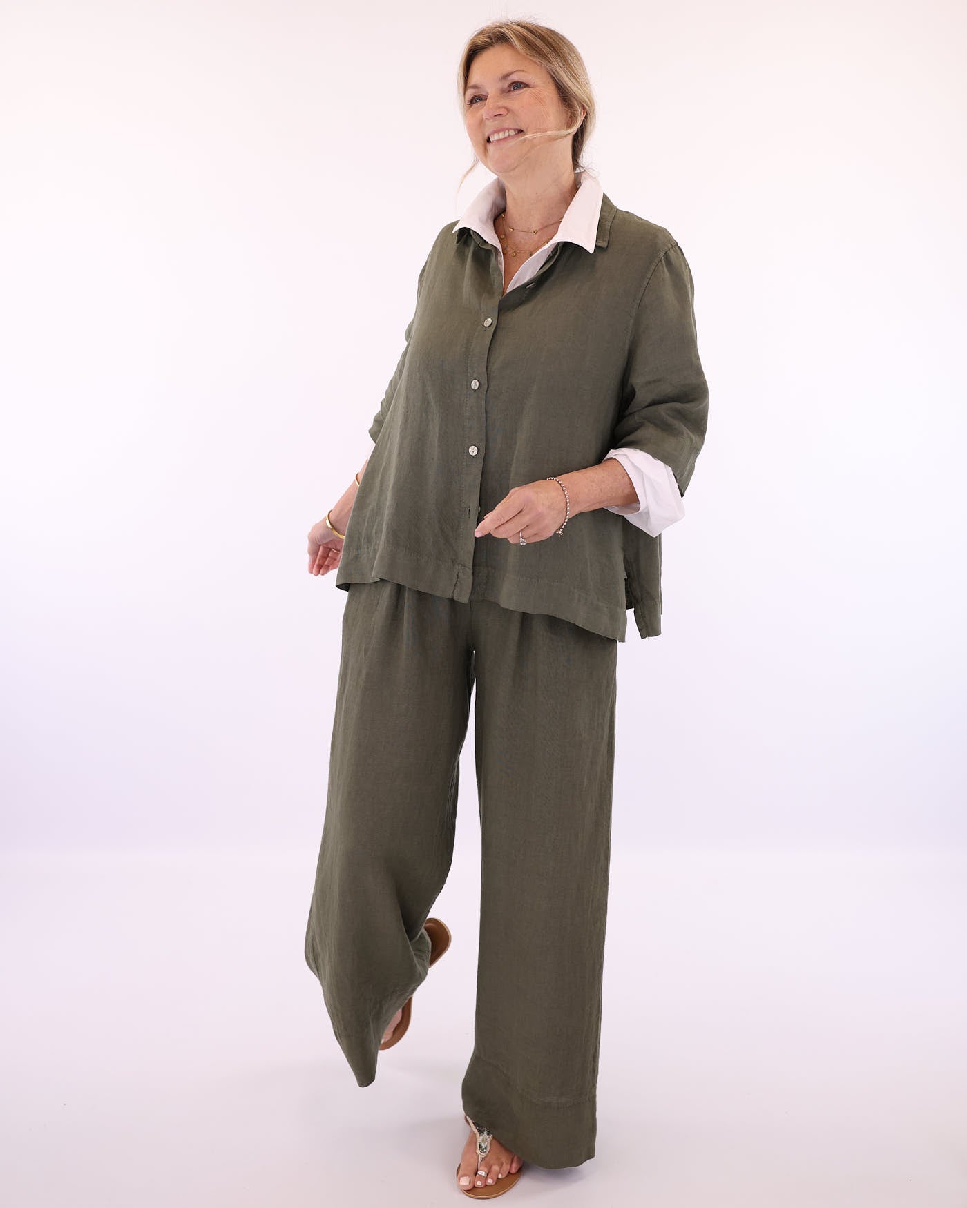 Women's Wide Leg Italian Linen Trousers in Olive Green with buttons at the waist and two front pockets