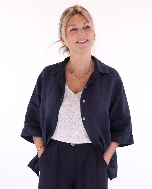 Women's linen shirt with three quarter sleeves in navy blue, made in Italy