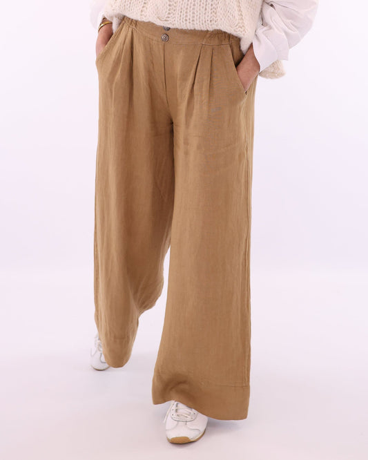 Women's Wide Leg Italian Linen Trousers in Camel with buttons at the waist and two front pockets
