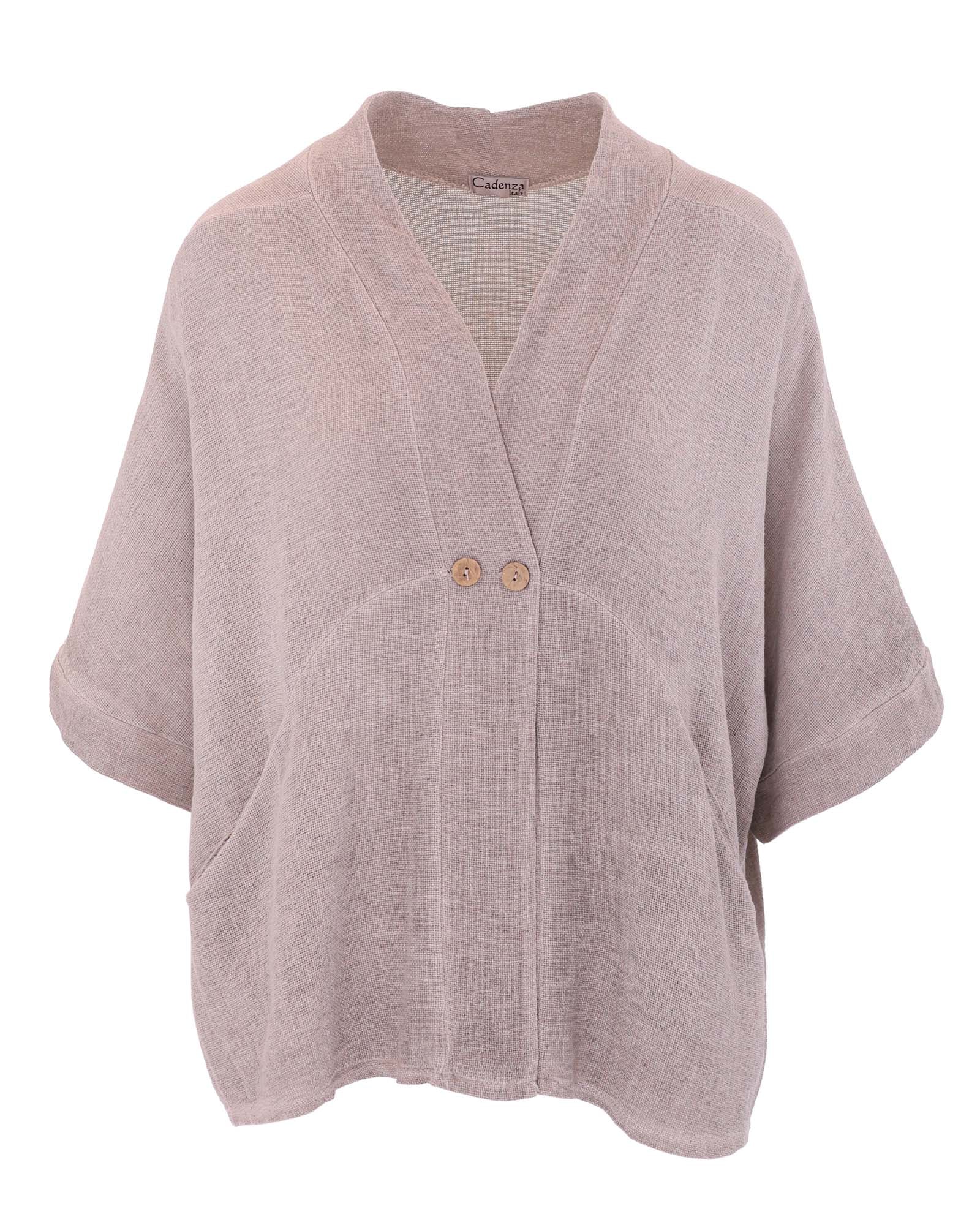 Women's Italian Kimono style linen and cotton blend jacket in taupe, with coconut buttons, elbow-length sleeves and front pockets