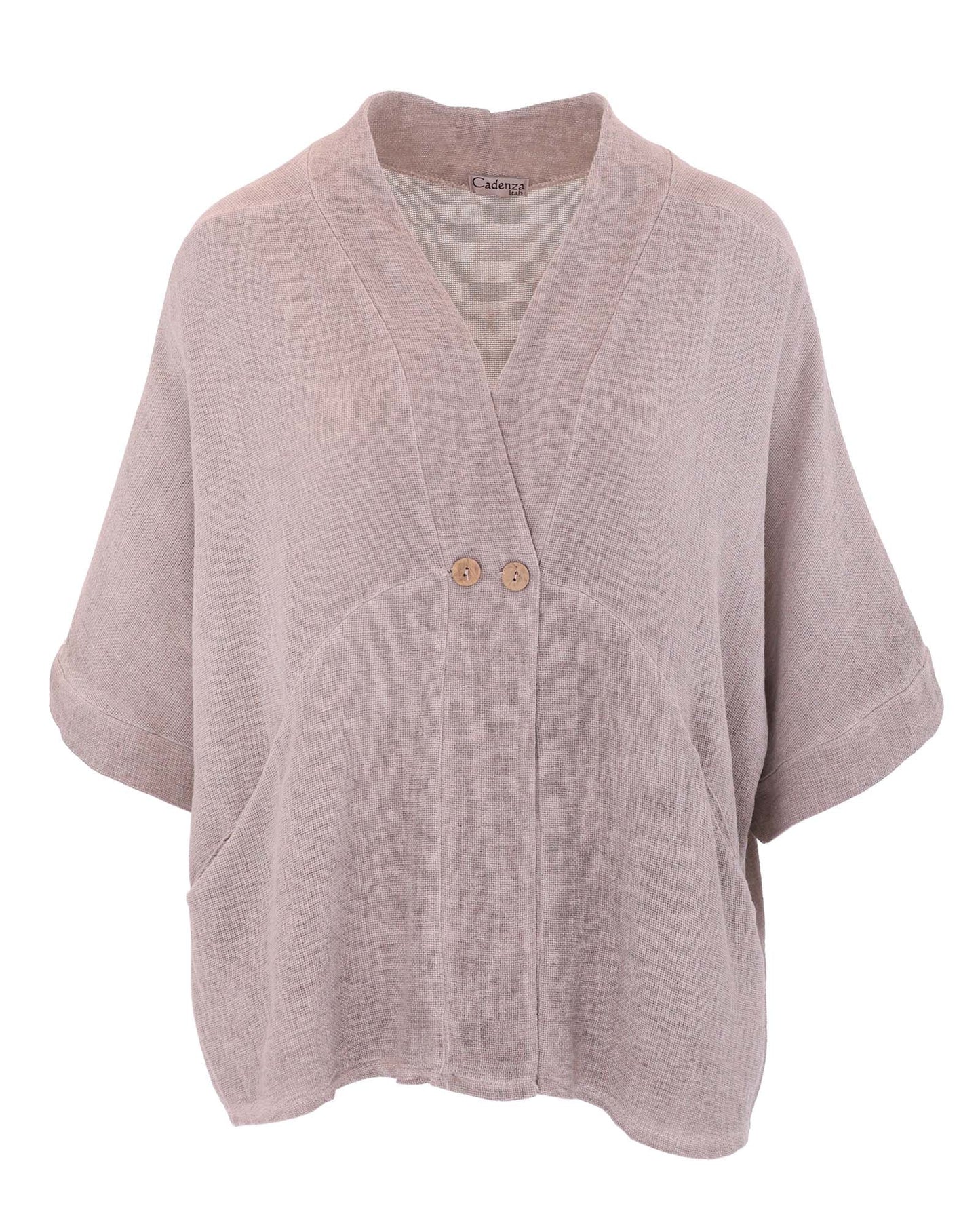 Women's Italian Kimono style linen and cotton blend jacket in taupe, with coconut buttons, elbow-length sleeves and front pockets