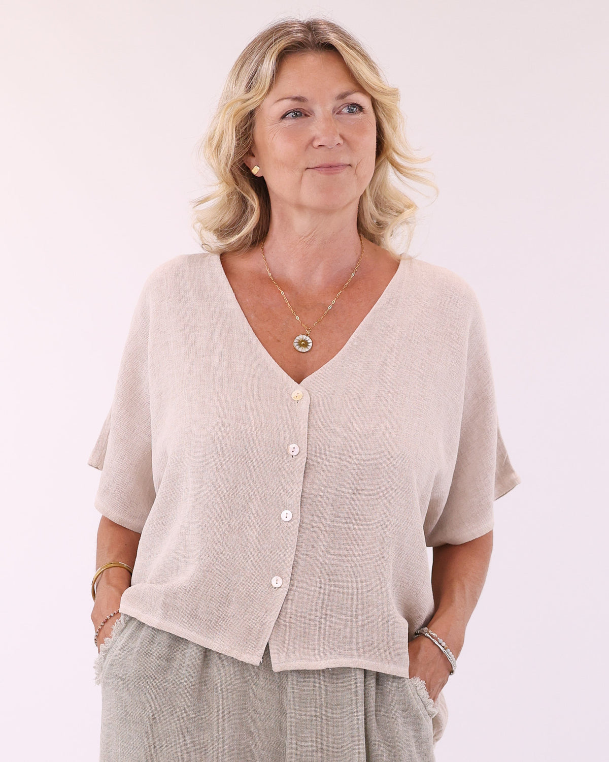 Linen and Cotton Blend Short Sleeve Cardi
