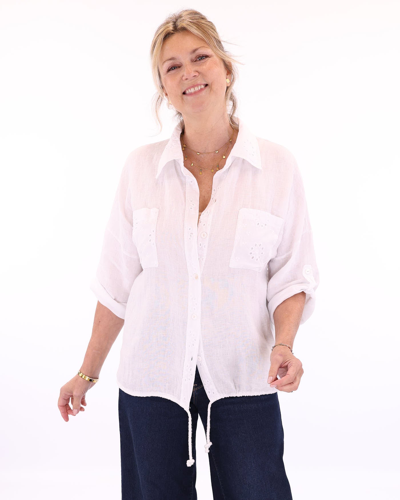 Women's button up shirt in white, with classic collar, drawstring hem, front chest pockets, made in a combination of pure linen and broderie anglais cotton,  made in Italy