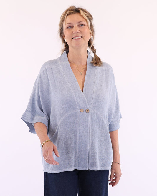 Women's Italian Kimono style linen and cotton blend jacket in blue, with coconut buttons, elbow-length sleeves and front pockets