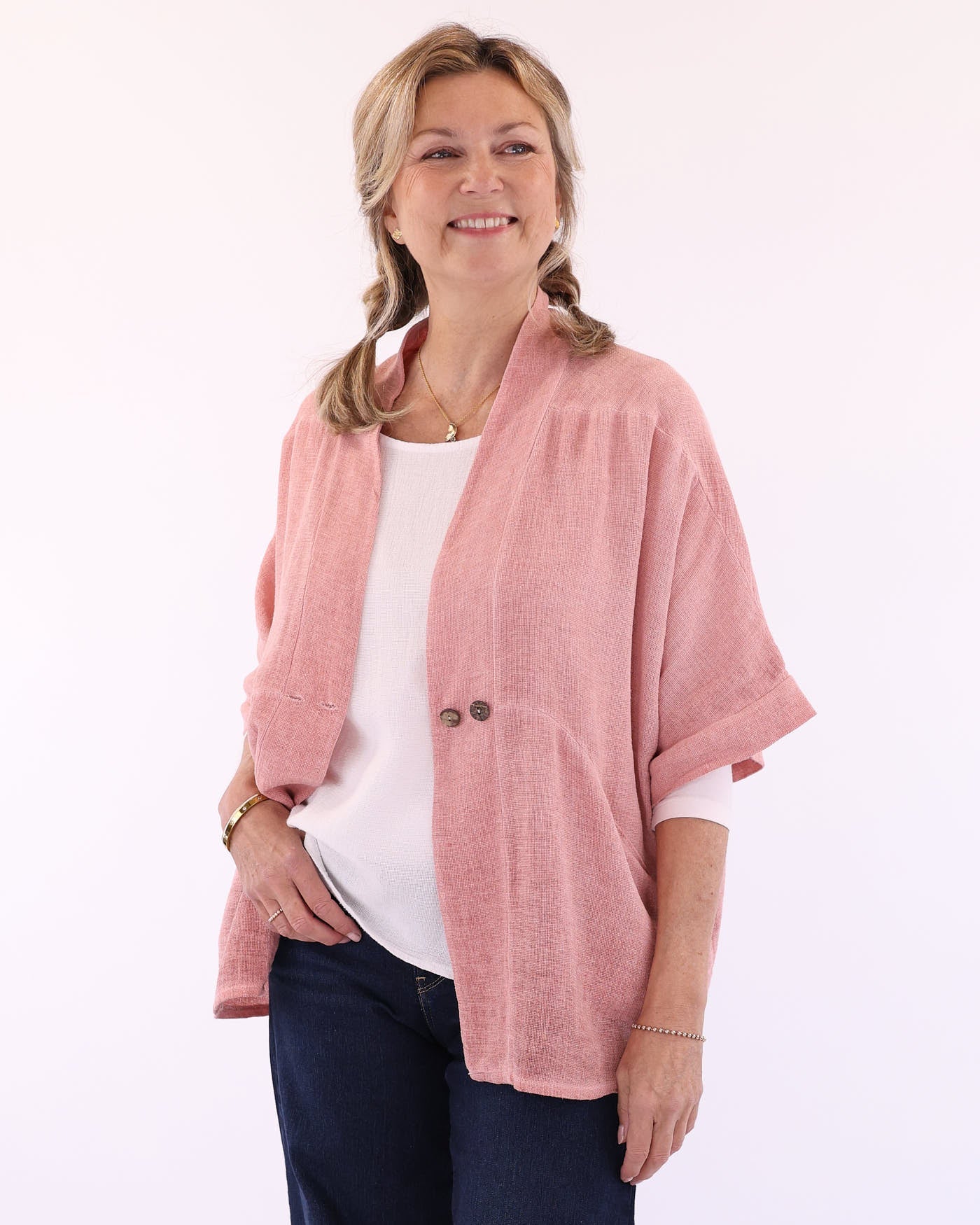 Women's Italian Kimono style linen and cotton blend jacket in pink, with coconut buttons, elbow-length sleeves and front pockets
