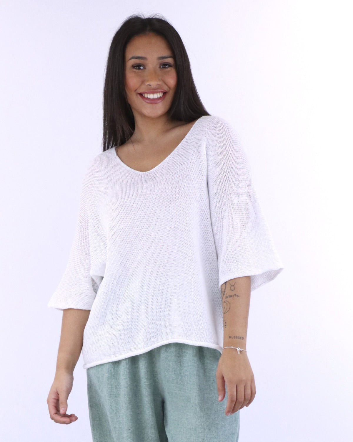 Cotton Blend V Neck Tunic Top