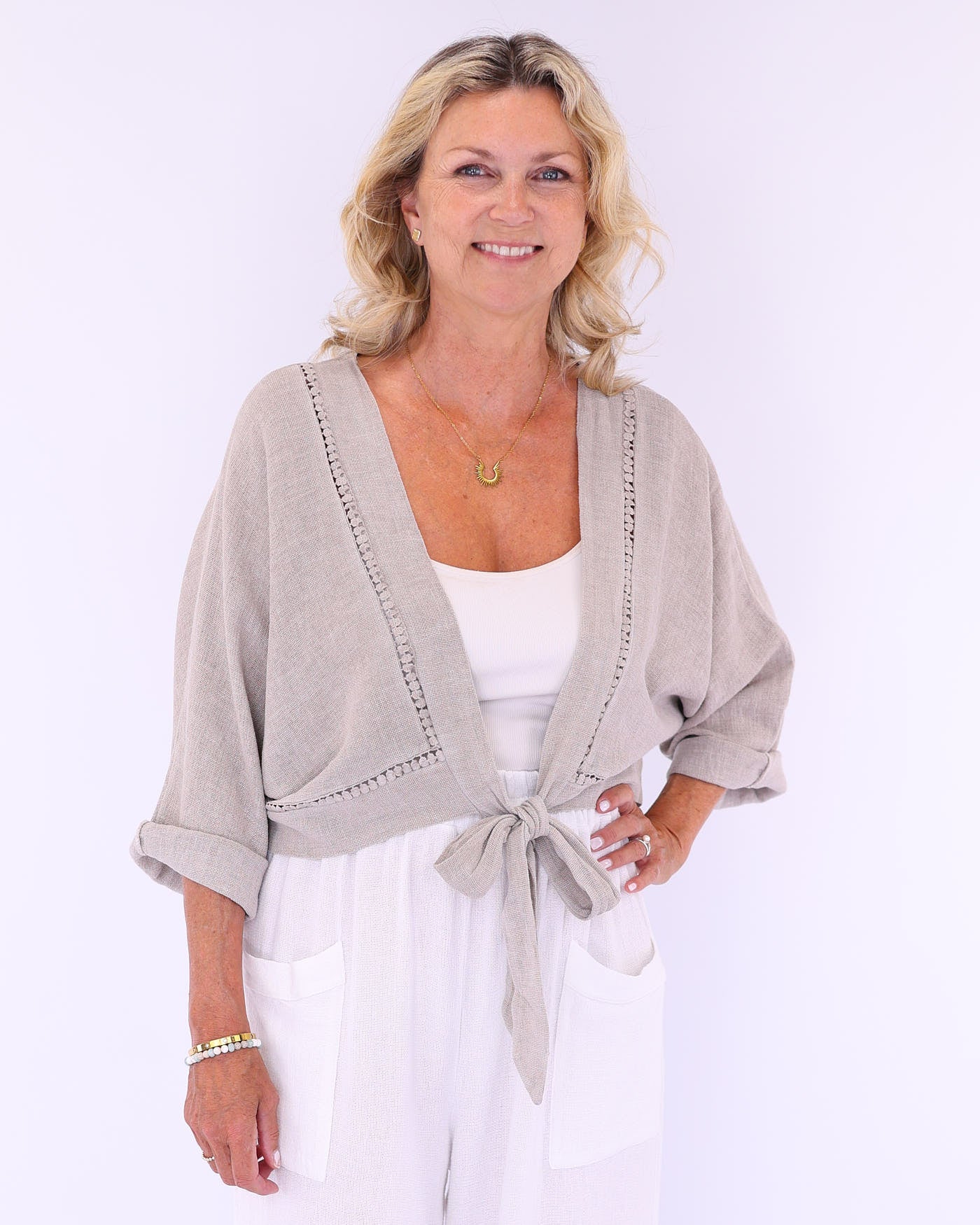 Linen and Cotton Blend Tie Front Jacket