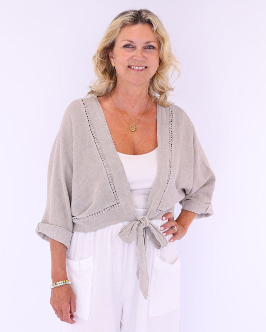 Linen and Cotton Blend Tie Front Jacket