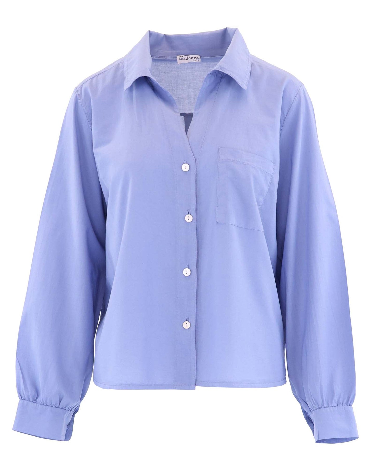 Women's Italian cotton shirt in blue, with long sleeves and button cuff, open collar and mother of pearl buttons down the front, made in Italy