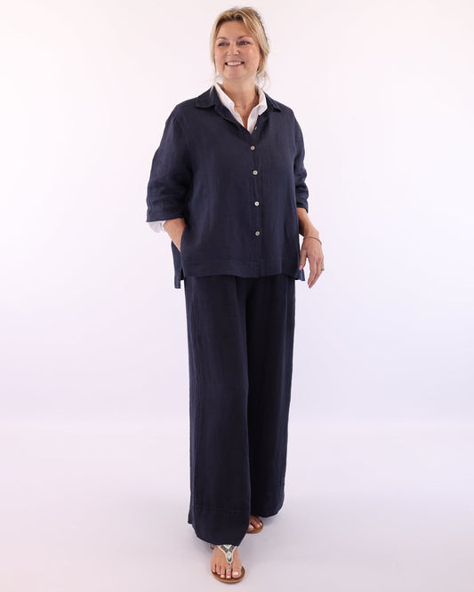 Linen Wide Leg Trousers with Hem Detail