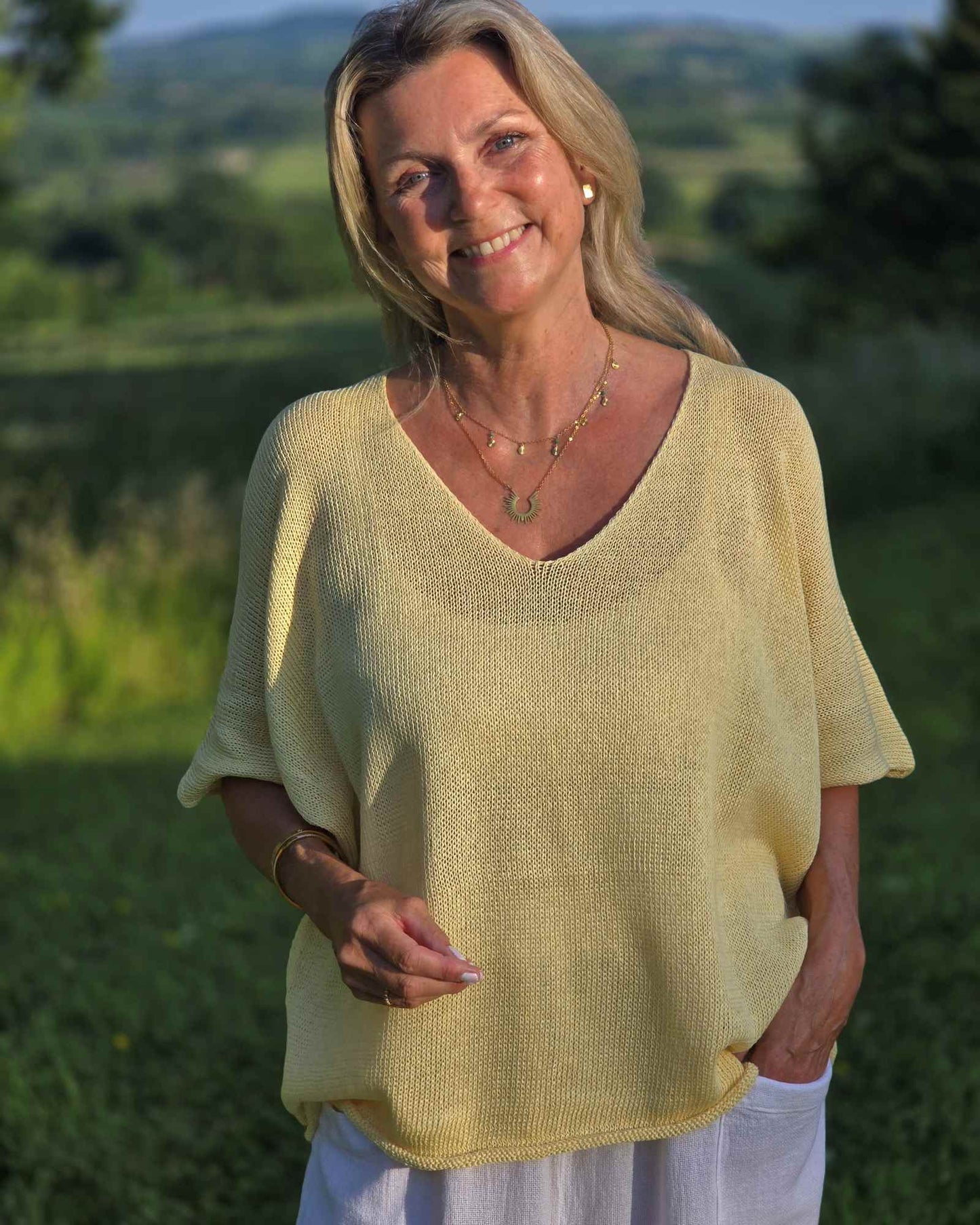 Cotton Blend V Neck Tunic Top