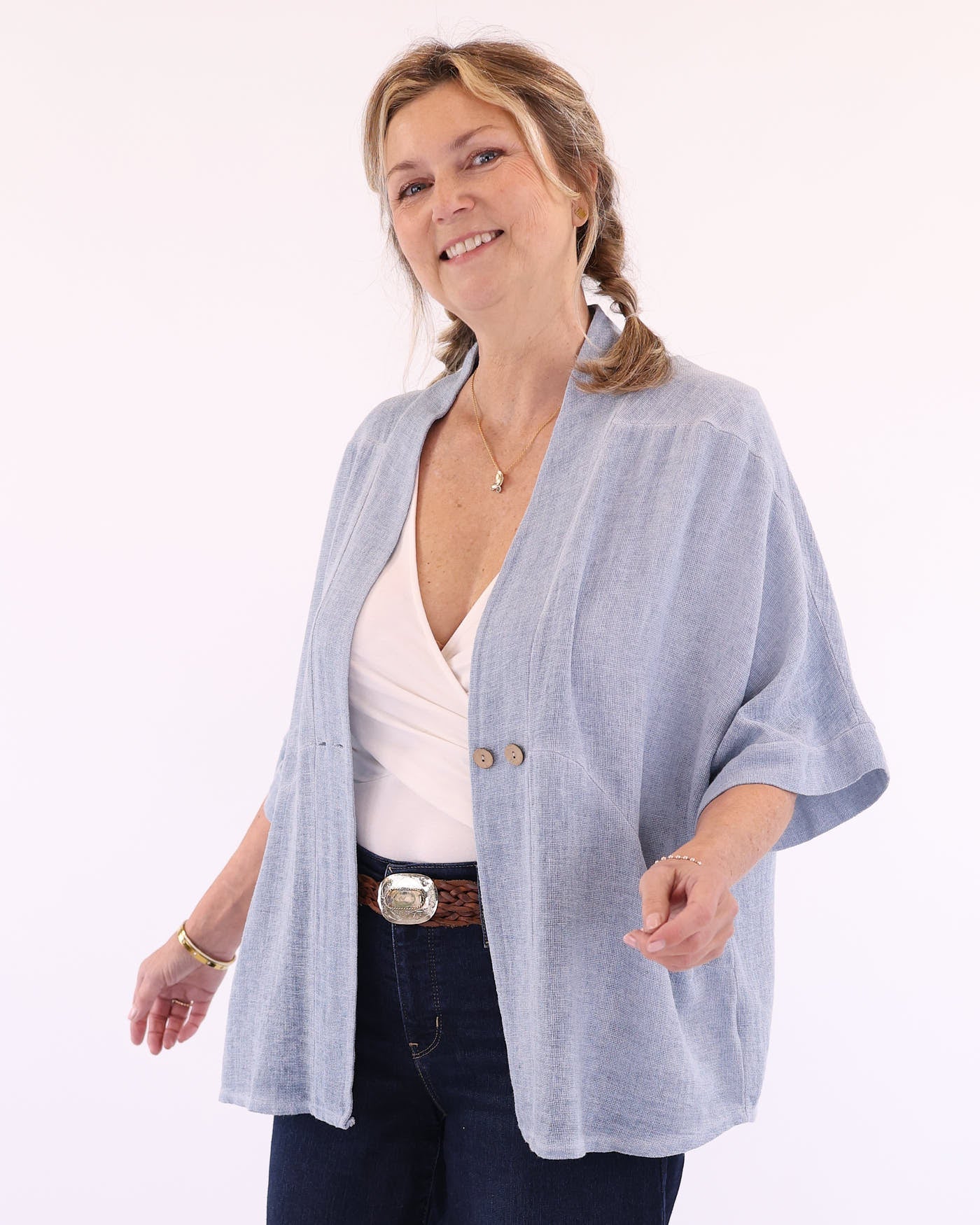 Women's Italian Kimono style linen and cotton blend jacket in blue, with coconut buttons, elbow-length sleeves and front pockets
